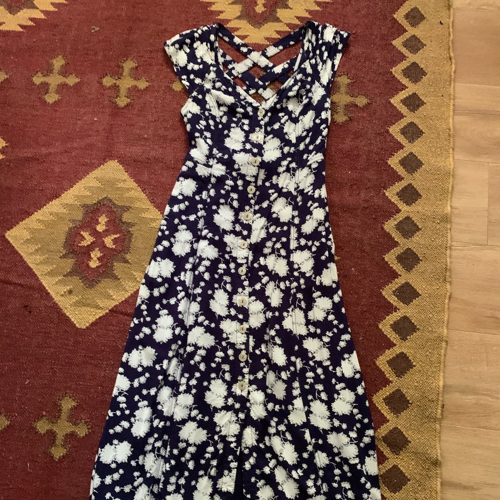 Anthro Navy Floral Dress With Cris-Cross Back
